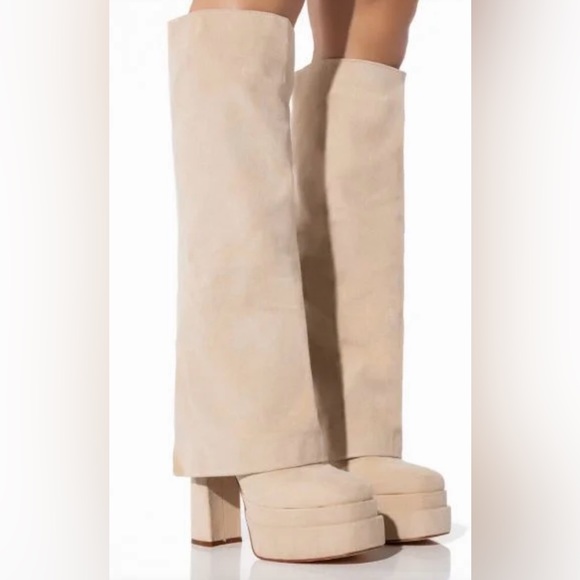 Shoes - AZALEA WANG Invisible Fold Over Chunky Boot in Tan Suede faux